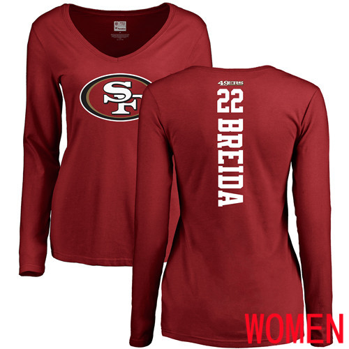 San Francisco 49ers Red Women Matt Breida Backer #22 Long Sleeve NFL T Shirt->women nfl jersey->Women Jersey